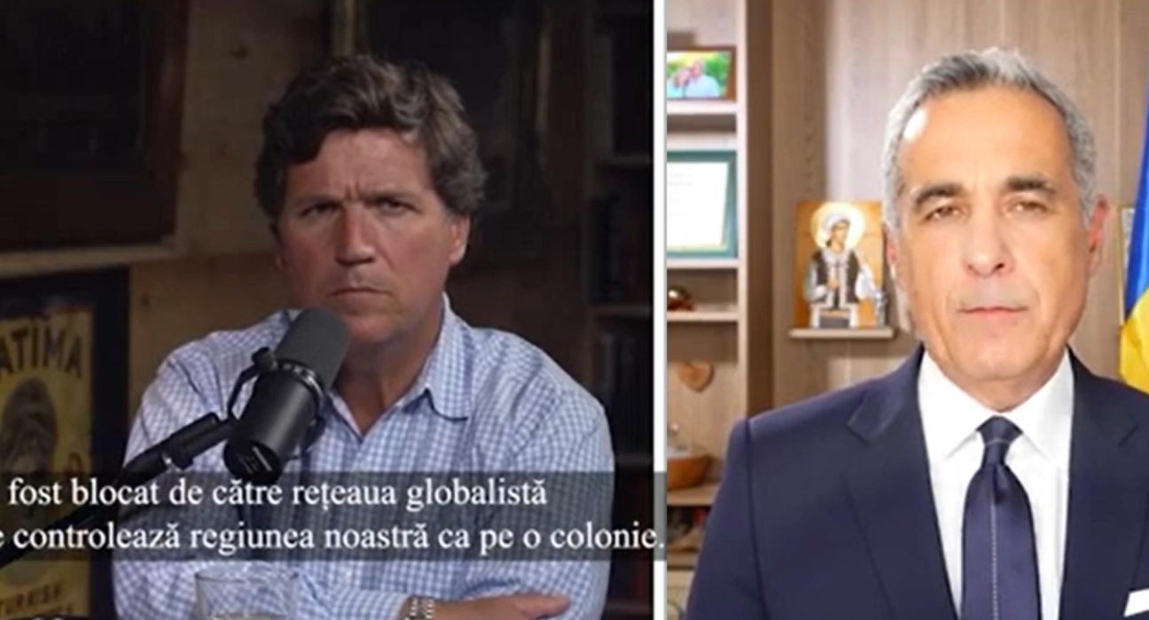 Calin Georgescu interviu eveniment cu Tucker Carlson Sistemul din Romania este 100 controlat de interferente externe Inainte de alegerile din SUA era controlat de Blinken Dupa alegeri este controlat de Franta